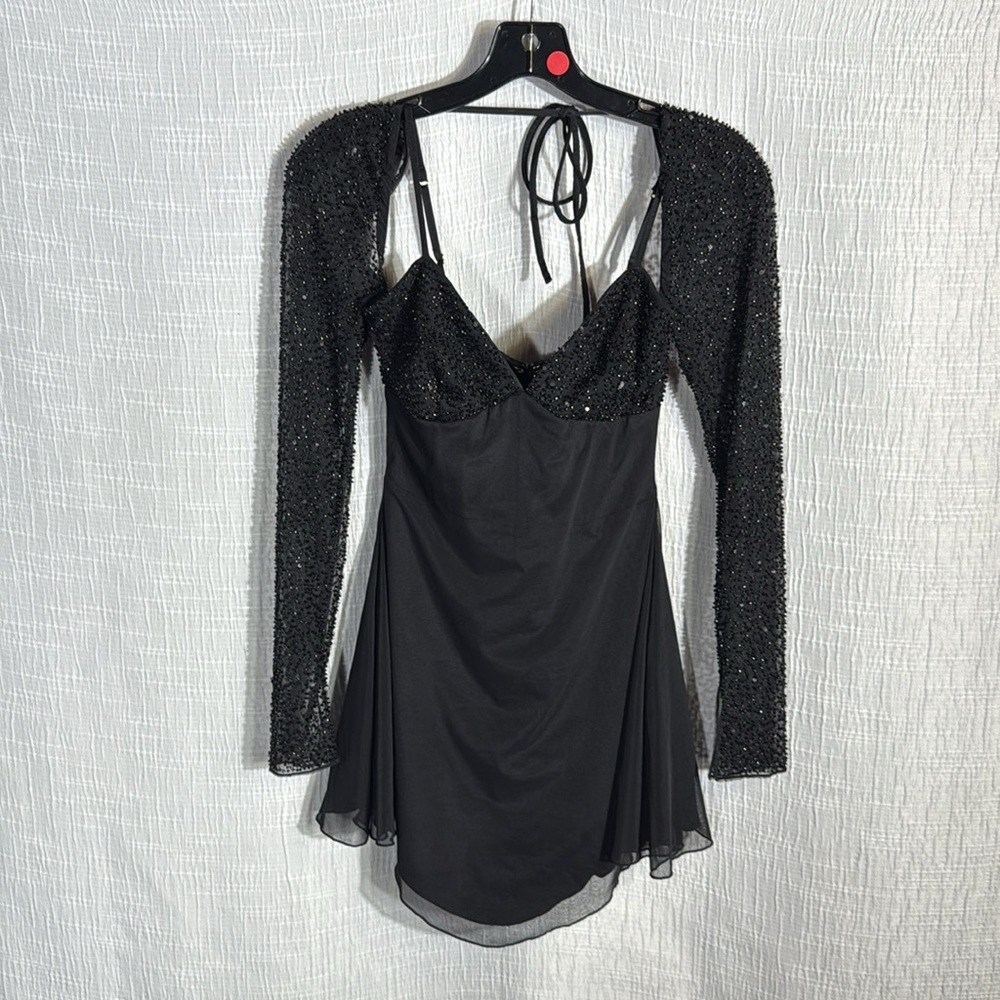 Oh Polly Naples Black Embellished Mesh Sleeve Mini Dress Size 2 Party birthday - Picture 7 of 16